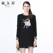 淑女屋2018年秋季新款100%棉宽松柔软黑色针织连衣裙图片