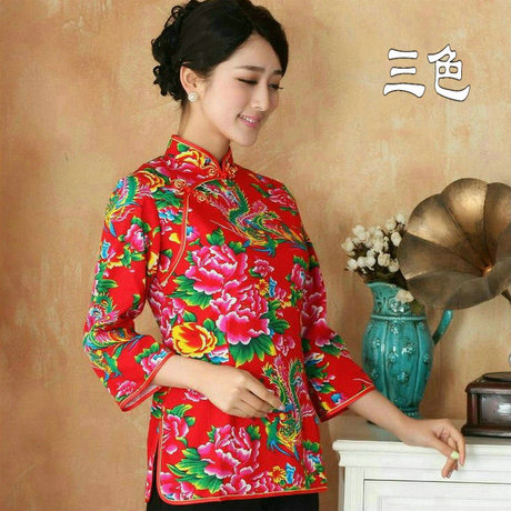 牡丹花布民国风唐装女士旗袍上衣茶楼汉服工作服秋季中袖女装外套商品大图