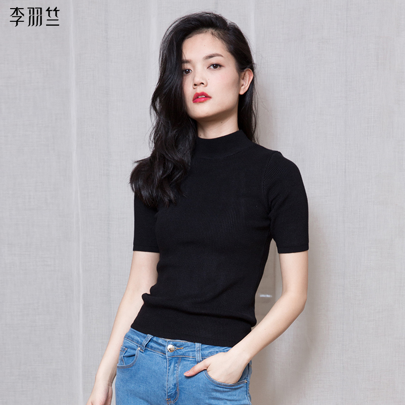 冰丝针织衫女短袖半高领上衣薄款套头T恤中袖