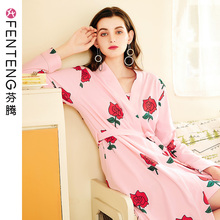 芬腾春季新款 家居服两件套装 睡裙女纯棉性感吊带甜美睡袍全棉长袖