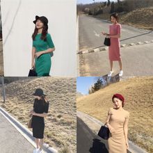 连衣裙欧美风圆领短袖 纯色连衣裙女纯色套头螺纹长裙夏 ins超火