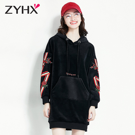 自由呼吸中长款卫衣女2018新款金丝绒韩版宽松连帽慵懒风加厚外套商品大图