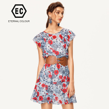 永恒颜色2018夏装新品时尚印花圆领荷叶袖雪纺连衣裙K250L603图片