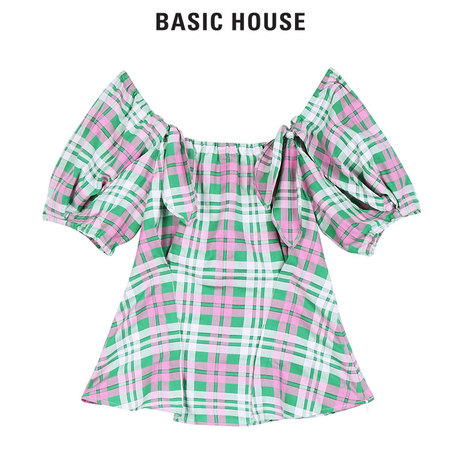 Basic House/百家好2018秋新款荷叶边淑女格子短袖衬衫女HSBL525A商品大图