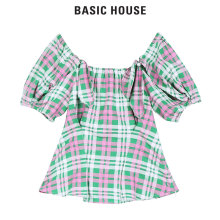 Basic House/百家好2018秋新款荷叶边淑女格子短袖衬衫女HSBL525A图片