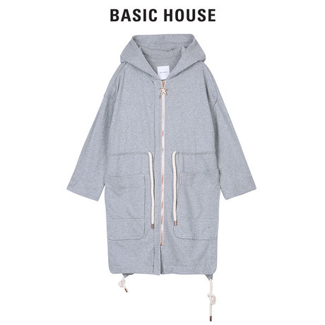 Basic House/百家好连帽宽松抽绳拉链中长款针织外套女HQJP720E商品大图