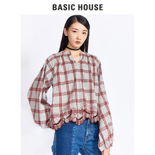Basic House/百家好秋季格子衬衫女韩版休闲宽松V领长袖HRBL721D图片