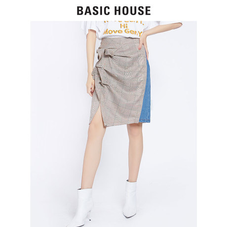 Basic House/百家好秋冬季新款格子拼接半身裙韩版中裙HSSK720C商品大图