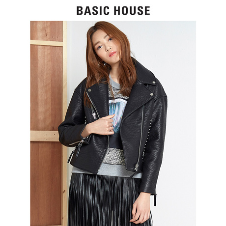 Basic House/百家好冬款短款拉链夹克外套朋克风帅气时尚HPLT725A商品大图