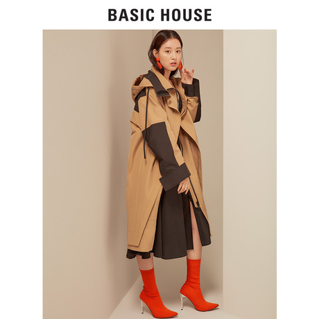 Basic House/百家好明星同款冬季长款连帽外套拼色宽松HSJP720A商品大图