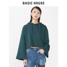 Basic House/百家好秋冬季短款连帽纯色印花宽松袖卫衣HRTS729D图片