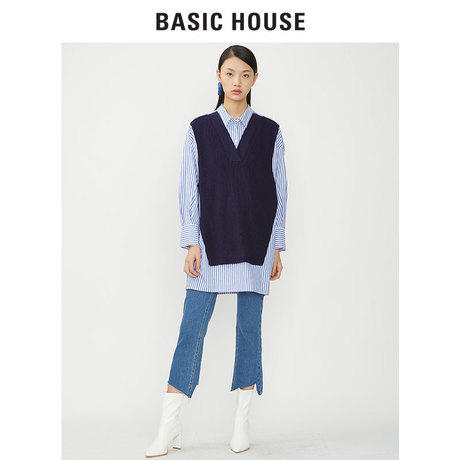 Basic House/百家好2018秋冬加绒假两件条纹长袖衬衫女HSDP727C商品大图