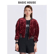 Basic House/百家好冬季新款丝绒短款拼条棒球衫女HRJP720B图片