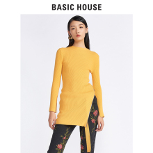 Basic House/百家好冬季新款纯色圆领开叉中长款针织毛衣HRKT720G图片