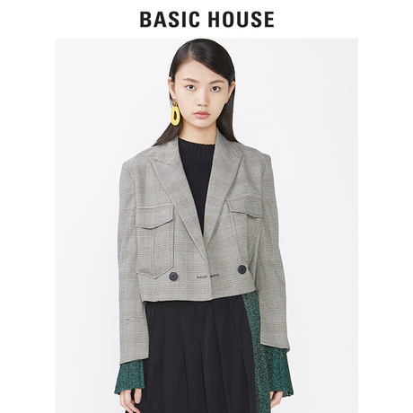 Basic House/百家好冬季新款双排扣喇叭袖短款格纹外套女HRJK722D商品大图