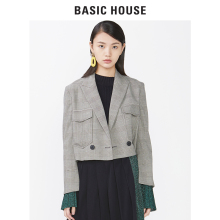 Basic House/百家好冬季新款双排扣喇叭袖短款格纹外套女HRJK722D图片