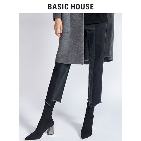 Basic House/百家好冬季新款拼色不规则牛仔直筒裤女HRDP728D商品大图