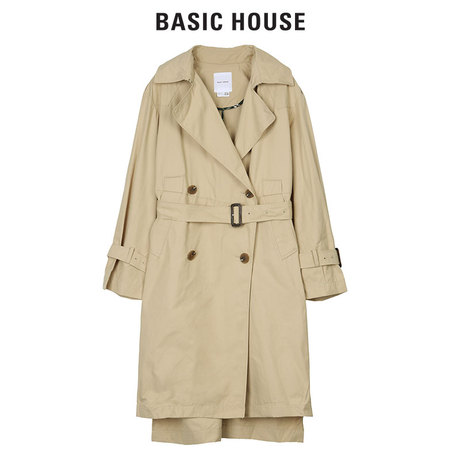 Basic House/百家好冬季新款双排扣翻领收腰中长款风衣女HRCA725A商品大图