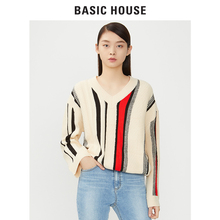 Basic House/百家好冬季新款条纹V领短款休闲针织衫毛衣HSKT721G图片