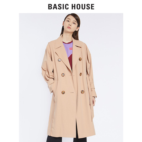 Basic House/百家好2018秋冬新款纯色大衣女宽松长款风衣HSCA621A商品大图