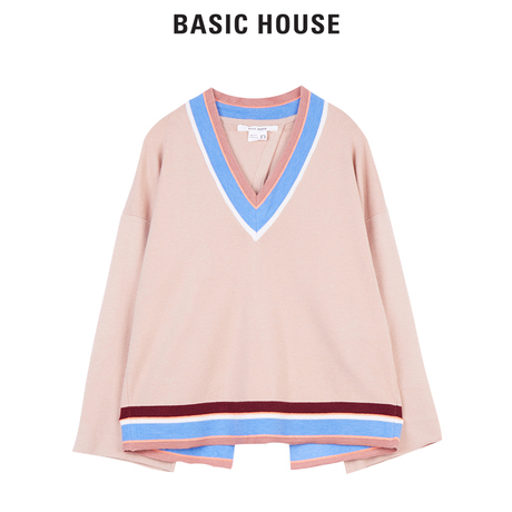Basic House/百家好2018冬季新款V领拼条针打底织衫女HSKT121L商品大图