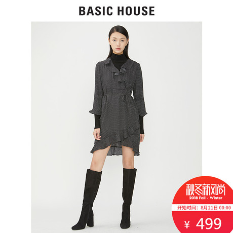 百家好旗舰店秋季新款中款连衣裙修身原点V领裙子女HSOP628Y商品大图
