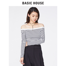 Basic House/百家好春秋季韩版时尚条纹一字肩T恤长袖女HRTS121E图片