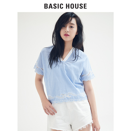 Basic House/百家好明星同款2018夏季装衬衫竖条纹上衣女HSBL324A商品大图