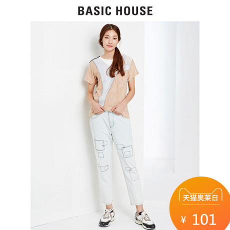 Basic House/百家好夏季新款韩版休闲拼接短袖T恤显身材HPTS322N商品大图
