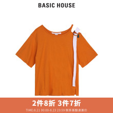 Basic House/百家好新款街头圆领T恤潮流露肩飘带上衣女HRTS329P图片