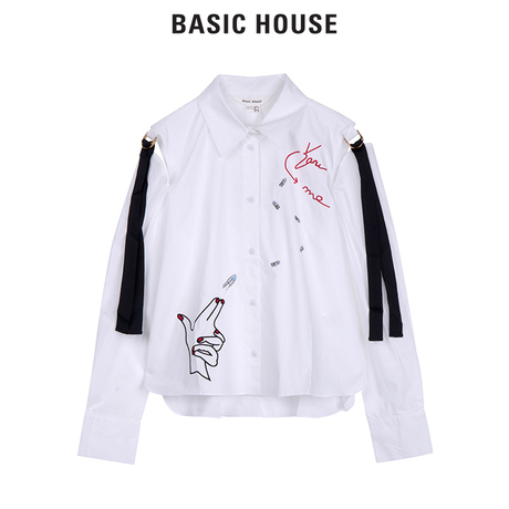 Basic House/百家好春秋季新款宽松休闲上衣白色女士衬衫HRWS221D商品大图