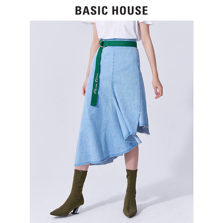 Basic House/百家好2018夏女式浅蓝色不规则牛仔半身裙子HSSK320D商品大图