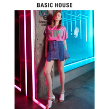 Basic House/百家好18年新拼接半身裙不规则毛边牛仔裙女HSSK321G图片