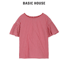 Basic House/百家好清新格子衬衣圆领荷叶边袖短款衬衫女HRBL329Y图片
