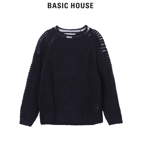 Basic House/百家好秋冬新款圆领套头镂空毛衣针织衫女HQKT721D商品大图