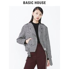 Basic House/百家好秋冬季短款无领格子夹克风外套修身HRJK720D图片