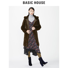 Basic House/百家好冬季加绒加厚连帽中长款大衣外套毛呢HQRF721D图片