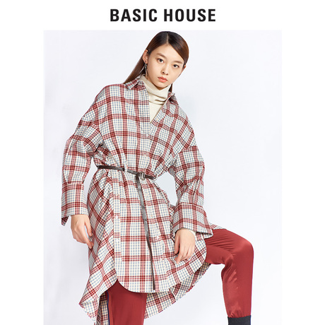 Basic House/百家好秋冬新款女装衬衫韩版格子中长款上衣HRWS721C商品大图
