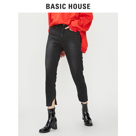 Basic House/百家好2018秋冬新款修身显瘦九分牛仔裤加绒HSDP721H商品大图