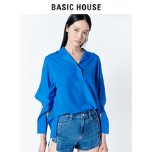 Basic House/百家好18年新款通勤翻领蓝色衬衫短袖衬衣女HSWS321E图片