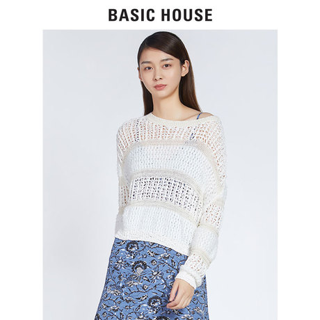 Basic House/百家好女装秋季针织衫时尚条纹缕空长袖上衣HQKT525A商品大图