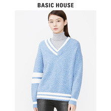Basic House/百家好秋冬新款V领学院风清纯针织衫甜美系HSKT728A图片