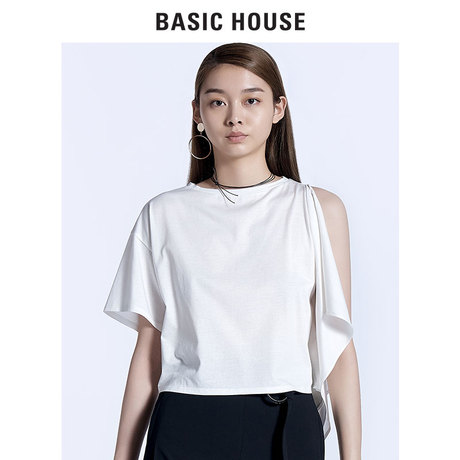 Basic House/百家好纯色不对称T恤夏季韩版时尚短袖上衣HRTS521G商品大图