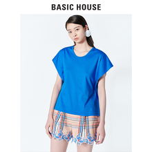 Basic House/百家好2018夏新款蝴蝶结系带格子拼接T恤女HSTS322W图片