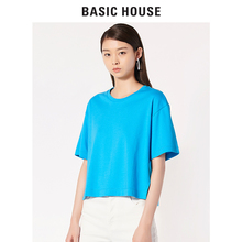 Basic House/百家好2018夏季新款字母印花短款开叉T恤女HSTS322D图片