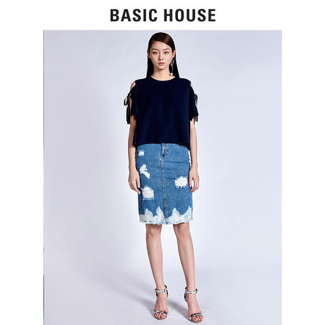 Basic House/百家好夏季韩版纯色露肩衬衫简约休闲衬衣女HRBL321C商品大图