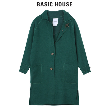 Basic House/百家好冬季纯色加厚中长款纽扣毛呢大衣外套HQKT720T商品大图