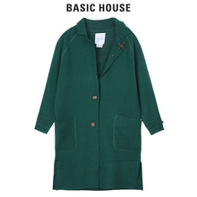 Basic House/百家好冬季纯色加厚中长款纽扣毛呢大衣外套HQKT720T图片