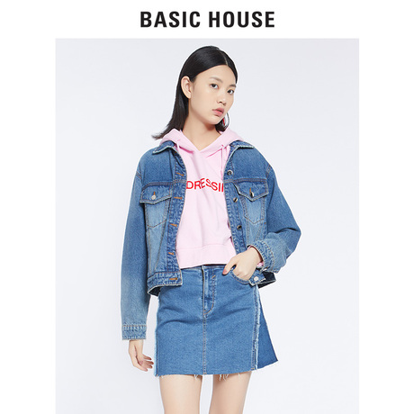 Basic House/百家好2018秋新款女牛仔短外套飞行员夹克女HSJK521A商品大图
