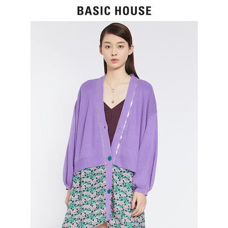 Basic House/百家好2018新款针织衫V领开衫长袖女生上衣HSKT522A商品大图